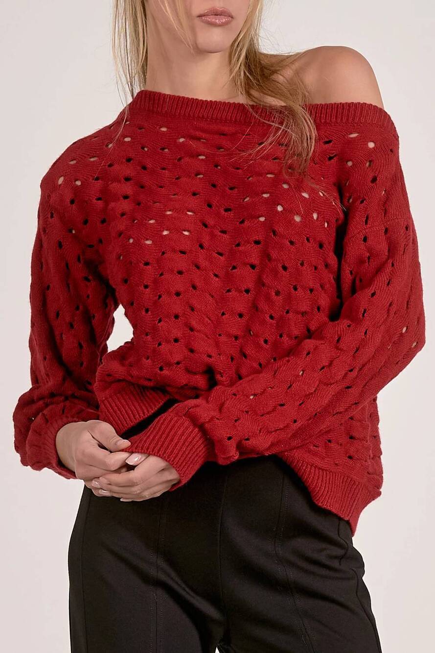 NEW ELAN wide neck open knit sweater in red
